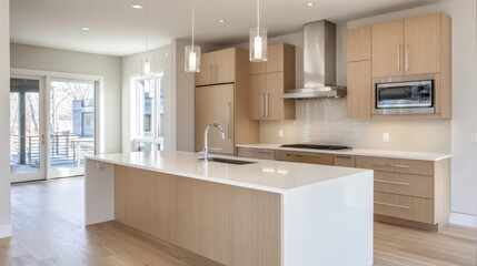 modern kitchen interior, central island, light wood cabinets, white countertops, pendant lights, natural light, minimal design, open layout 