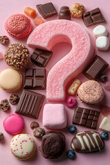 Colorful assortment of sweets and treats arranged around a pink question mark on a pastel background