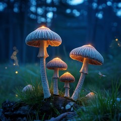 Bioluminescent mushrooms glowing in dark forest at night
