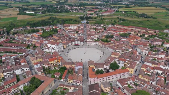 Elevated view of central Palmanova plaza surrounded by historical buildings and roads