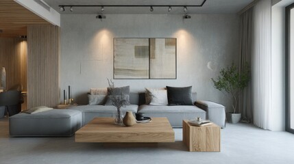 modern minimalist living room, neutral color palette, large grey sofa, wooden coffee table, abstract wall art, soft ambient lighting, concrete floor, open space