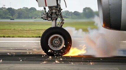 Close up of airplane tire creating sparks and smoke upon landing on runway. Hard landing. Aviation, transportation and travel incident concept for banner