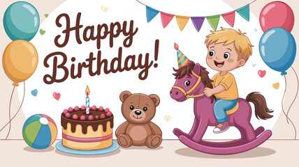 Fototapeta premium Animated Happy Birthday Celebration with a Boy on a Rocking Horse and Birthday Cake
