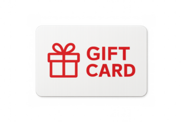 Gift card design featuring a red present icon and bold text on a transparent background, ideal for digital gift solutions
