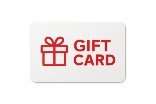 Gift card design featuring a red present icon and bold text on a transparent background, ideal for digital gift solutions