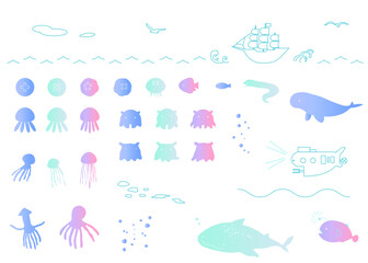 マリンモチーフのイラストセット　夏　海　海の生き物　グラデーション