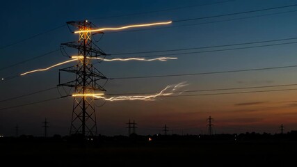 High voltage electricity pylon at dusk. Electrical grid, power transmission, energy crisis and infrastructure concept for banner. Horizontal banner - Powered by Adobe