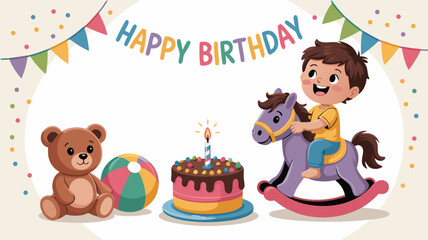 Fototapeta premium Cartoon Boy Riding Rocking Horse with Birthday Cake, Teddy Bear, and Pennant Banner