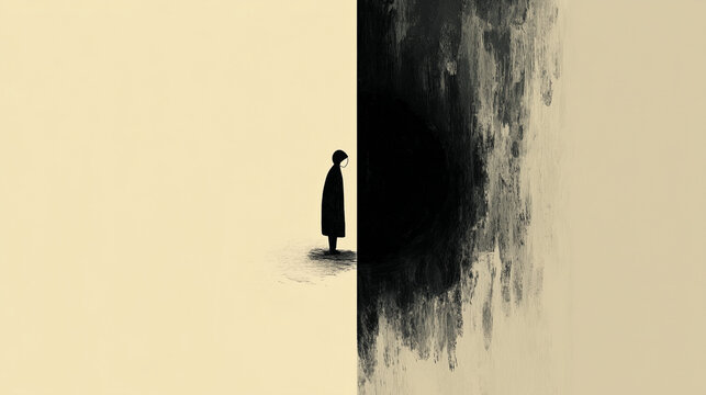 Minimalist abstract illustration of a lone figure standing at the edge of darkness, representing depression, mental health, and the struggle against inner turmoil