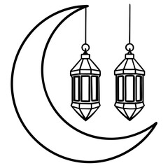 Crescent Moon with Hanging Lanterns – Minimal Line Art 