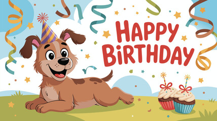 Cartoon Dog Celebrating Birthday with Party Hat, Cupcakes, and Confetti Streamers Illustration
