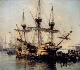Historic sailing ship in harbor scene