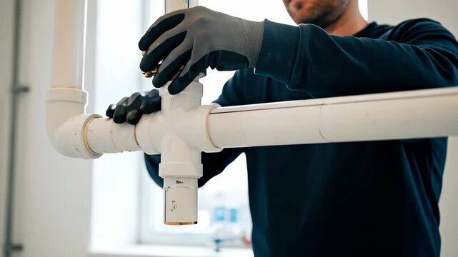 Male plumber in gloves assembling white plastic pipes in bright room. Plumbing service and installation. Home renovation, repair and maintenance concept for banner
