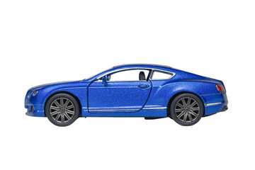 side view of blue sport car toy isolated on white background