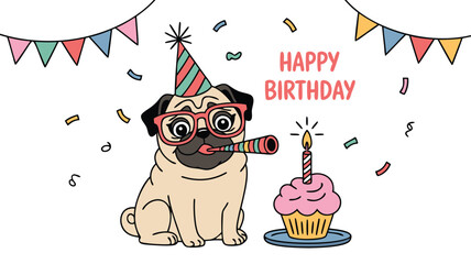 Cartoon Pug Celebrating Birthday with Party Hat, Confetti, Cupcake, and Banner Decoration on White