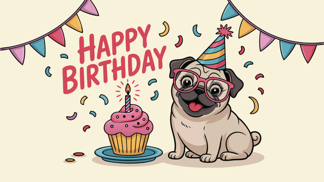 Cartoon Pug Celebrating Birthday with Cupcake, Party Hat, Glasses, and Pennant Banner Decoration