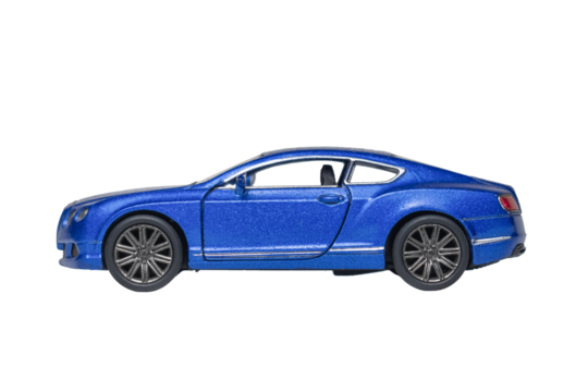 side view of blue sport car toy isolated on white background