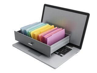 Digital file drawer on a laptop.  Colorful folders inside a gray drawer that's open and sitting atop a silver laptop