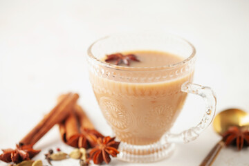 Traditional middle eastern beverage, indian drink masala or arabian karak chai with spices