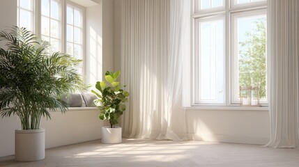 Fototapeta premium summer-inspired interior, minimalist room, open windows, sunlight pouring in, indoor green plants, light curtains, fresh and airy mood 