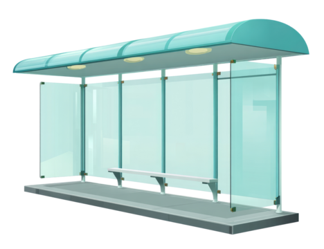 Modern bus stop with a light teal roof and glass panels