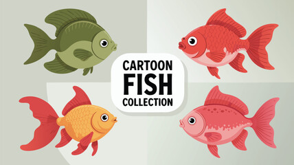 Fototapeta premium Cute Cartoon Goldfish Collection Four Colorful Fish Swimming, Green, Red, Orange, and Pink Tones