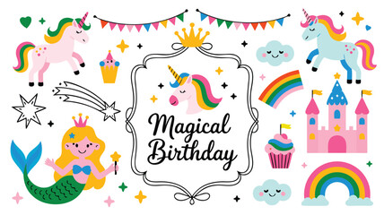 Naklejka premium Colorful Magical Birthday Design with Unicorns, Mermaid, Castle, Rainbows, and Festive Elements Illustration