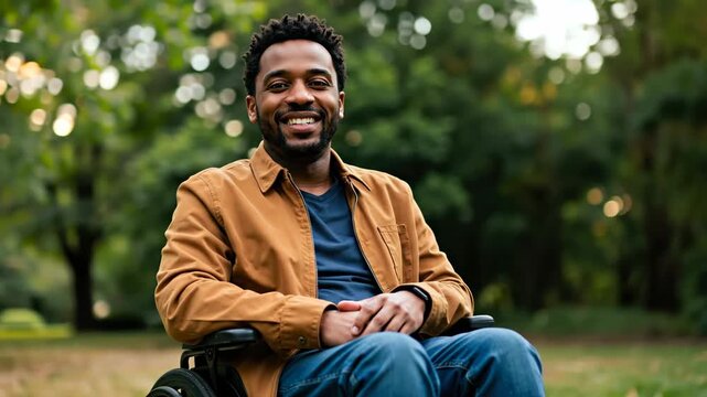 Portrait of happy, smiling African American man in wheelchair outdoors in park. Concept of positivity, resilience, and living with disability. For healthcare or motivational content. Horizontal banner