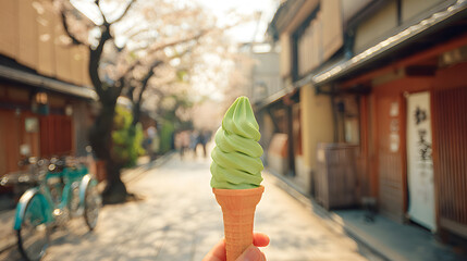 A vibrant green matcha soft-serve cone is held gently at chest level, catching soft sunlight, as the background blurs into a quiet pedestrian lane lined with sakura trees, rickshaws, and Edo-period