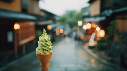 A swirl of bright matcha soft-serve ice cream stands tall in a golden waffle cone, held up near the camera with a bustling Kyoto street scene behind it, featuring cobblestone paths, wooden tea