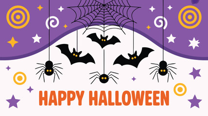 Festive Happy Halloween Cartoon with Bats, Spiders, Web, and Stars on Purple and White Background