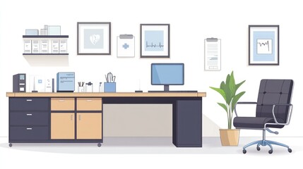 Doctor's office interior scene, modern desk, medical tools, waiting area