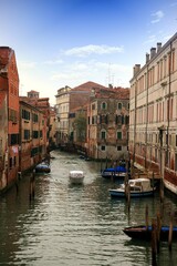 View of the wonderful small canals, distributed throughout the neighborhoods of Venice, Italy.