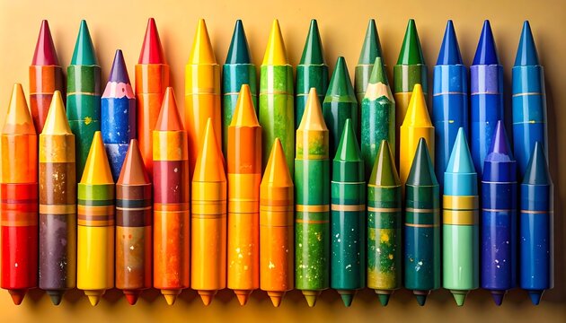 Colorful crayons arranged in rows