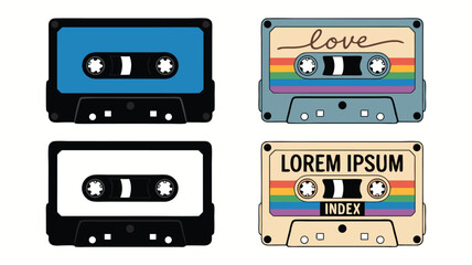 Fototapeta premium Retro Cassette Tape Collection Vintage Audio Tapes with Love, Lorem Ipsum, and Blank Designs
