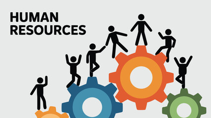 Human Resources Concept Stick Figures Climbing Gears Depicting Teamwork, Collaboration, and Success