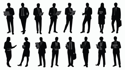 Silhouette Group of Business Professionals in Suits Holding Laptops and Documents on White Background