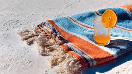 Colorful, striped beach towel with fringes on the edges lies in the sunlight. A refreshing drink glass sits next to it on the beautiful white sand, orange slice garnish one side of the glass