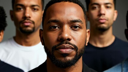 Group portrait of five serious and confident looking African American men of different ages. Concept of community, strength, and black identity. For social issue or cultural event