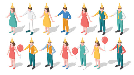 Isometric Group of People Wearing Party Hats and Balloons, Celebrating Event or Birthday Isolated