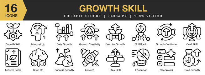 Growth Skill icon set. Editable Stroke Icon Collection. Includes growth, business, success, development, career, and More. Outline icons vector collection.