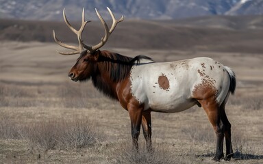 Appaloosa horse with large antlers in dry field spotted