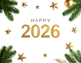  2026 Happy New Year text in gold foil typography centered on a clean white
