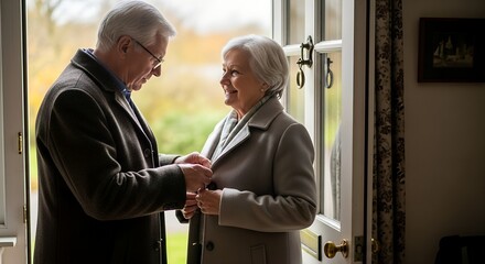 Elderly couple smiling while standing together by open doorway