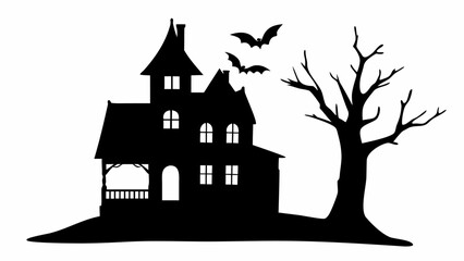 Silhouette of a spooky haunted house with bats flying near a bare tree on a white background scene art