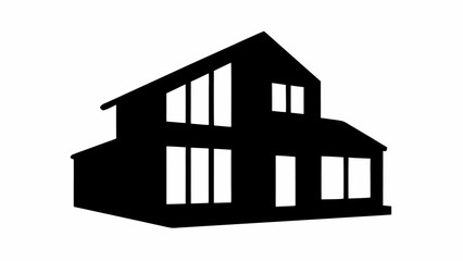 Silhouette of a two story house with a pitched roof and rectangular windows in a solid black color