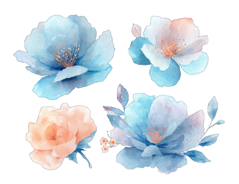 Delicate, pastel-colored floral design. Four stylized flowers in soft blues and pinks
