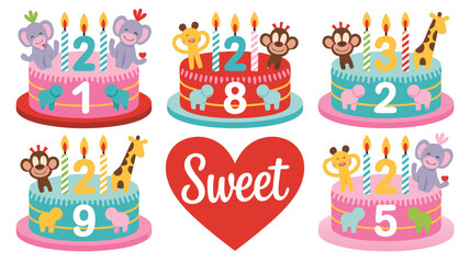 Animal Topped Birthday Cakes with Number Candles, Elephants, Monkeys, Giraffes and Sweet Heart