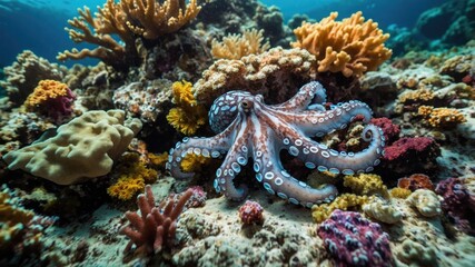 Octopus Among Coral Reefs in Ocean