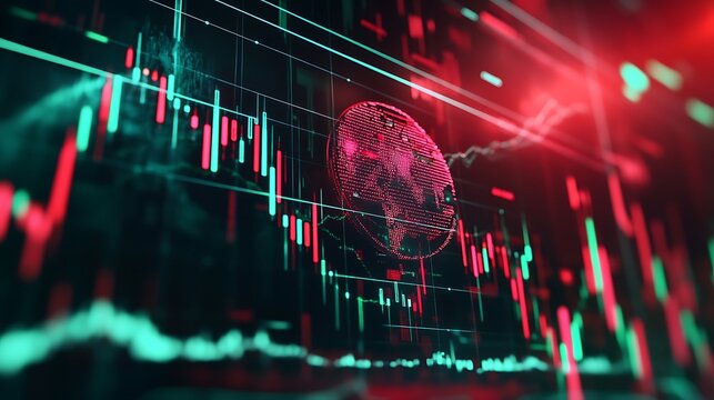 Digital currency trading chart with bitcoin symbol overlay